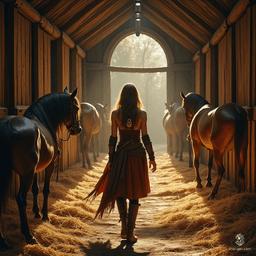 A tan-skinned female farrier with an athletic build, she expertly tends to horses while wearing a mystical amulet adorned with a horseshoe symbol. Her long hair flows gracefully, and her human features, including slightly pointed ears, hint at a unique, magical lineage.