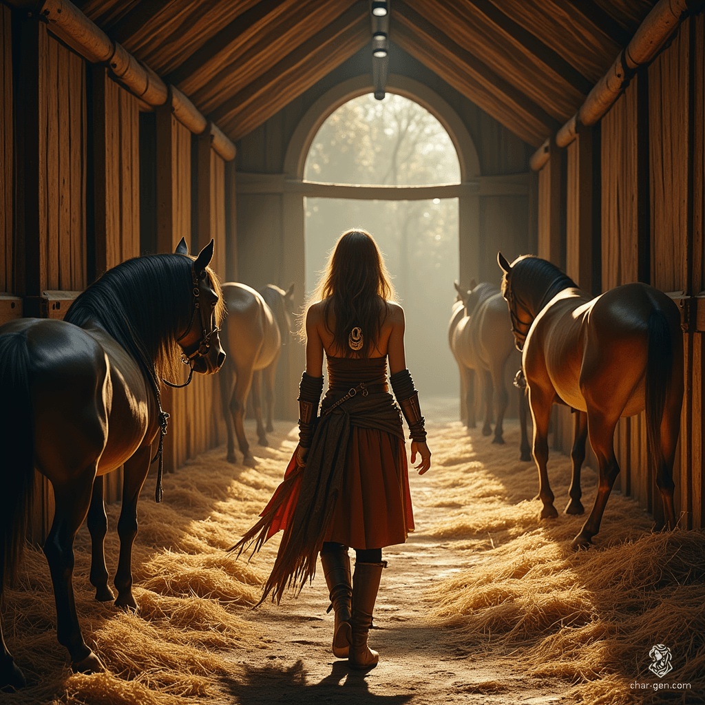 A tan-skinned female farrier with an athletic build, she expertly tends to horses while wearing a mystical amulet adorned with a horseshoe symbol. Her long hair flows gracefully, and her human features, including slightly pointed ears, hint at a unique, magical lineage.