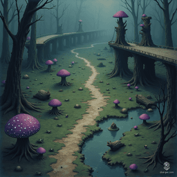 Venture into a murky swamp where sticky mud squelches beneath your feet and glowing crickets serenade the twilight. Tangled mangroves obscure pools of rippling water, while peculiar purple mushrooms cling to decaying logs. A broken highway bridge looms overhead, its pillars adorned with massive fay mushrooms, hinting at hidden secrets and lurking dangers. Beware the crossroads, a well-trodden campsite where curious adventurers have vanished without a trace.