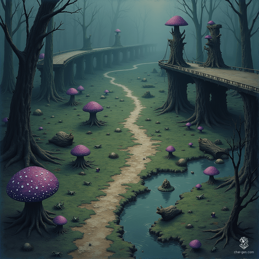Venture into a murky swamp where sticky mud squelches beneath your feet and glowing crickets serenade the twilight. Tangled mangroves obscure pools of rippling water, while peculiar purple mushrooms cling to decaying logs. A broken highway bridge looms overhead, its pillars adorned with massive fay mushrooms, hinting at hidden secrets and lurking dangers. Beware the crossroads, a well-trodden campsite where curious adventurers have vanished without a trace.