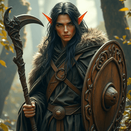Eldrin, a male wood elf druid, embodies the wild spirit of nature with his flowing black hair and piercing light brown eyes. Clad in leather, he wields a curved sickle and a wooden shield intricately carved with a sentinel face, channeling the earth's magic to protect his realm.
