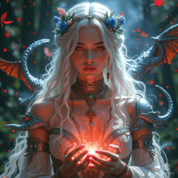 A human warlock with long, white hair braided with flowers and piercing red eyes, she embodies the elegance of the Feywild. Adorned in armor mixed with flowing fabrics, her pale skin glows ethereally. Channeling magic amidst enchanted forests, she balances beauty and power in her mystical journey.