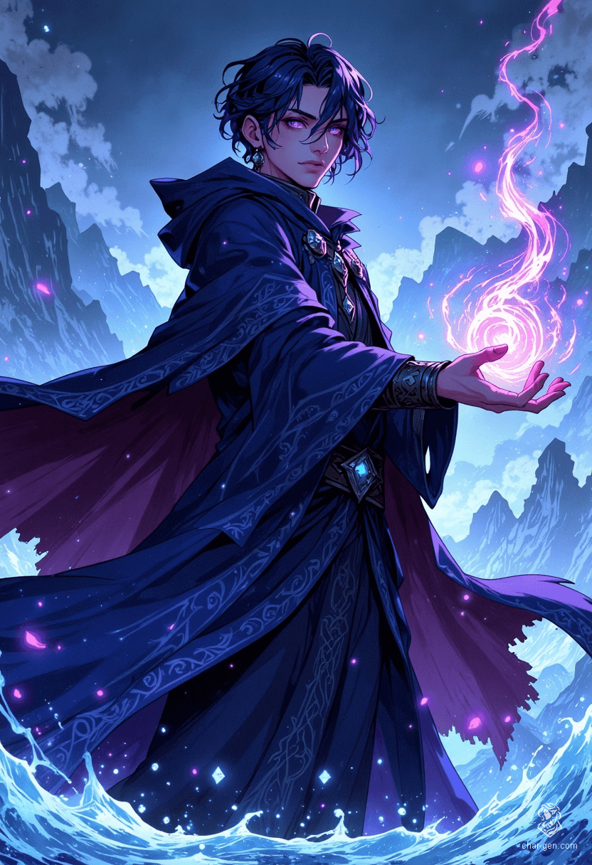 In a magical realm, a slender male sorcerer stands poised in an icy field, his dark blue robe billowing in the frigid wind. With glowing violet eyes and short, dark purple hair, he channels elemental magic, lightning crackling from his outstretched hands, embodying both beauty and power.