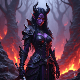 Criella The Fallen is a 32-year-old tiefling warlock with striking purple skin and yellow eyes. Standing at 6 feet tall, she possesses devil-like features, including horns and a long tail. Charismatic and cunning, she wields a dagger and wears intricately detailed leather armor, embodying independence and chaotic charm, while harboring a complex past with her mentor.