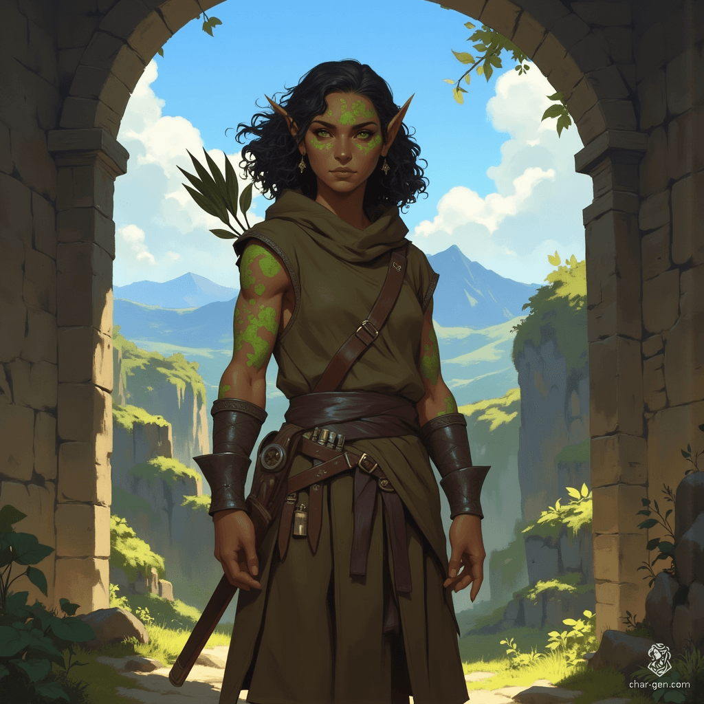 Izzy, a newly emancipated halfling assassin, is a master of stealth and precision. With medium-toned skin adorned with emerald scales, bright reptilian eyes, and curly hair, she embodies grace and danger. Dressed in practical brown armor, she wields a heavy crossbow, exuding competence and a thrill for the hunt.