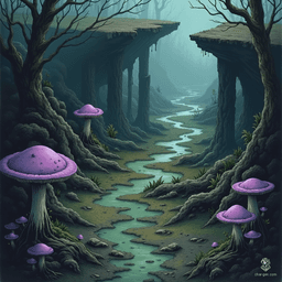 Venture into a murky swamp where sticky mud squelches beneath your feet and glowing crickets serenade the twilight. Tangled mangroves obscure pools of rippling water, while peculiar purple mushrooms cling to decaying logs. A broken highway bridge looms overhead, its pillars adorned with massive fay mushrooms, hinting at hidden secrets and lurking dangers. Beware the crossroads, a well-trodden campsite where curious adventurers have vanished without a trace.