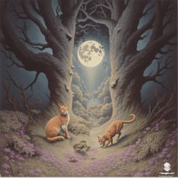 In a magical forest clearing, a lively group of five orange and white tabby cats weaves gracefully through a sea of vibrant purple and white wildflowers. Their distinct orange fur, with a unique skin texture, contrasts beautifully with the blooming colors, enchanting all who behold them.