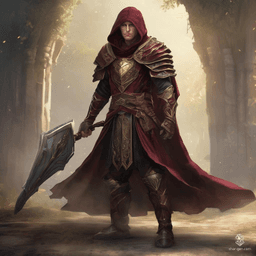 A stoic male elf donned in heavy armor exudes an aura of enigmatic strength, his presence accentuated by a deep burgundy hooded cloak with intricate gold detailing. The hood is drawn up, casting shadows over his keen, watchful eyes.