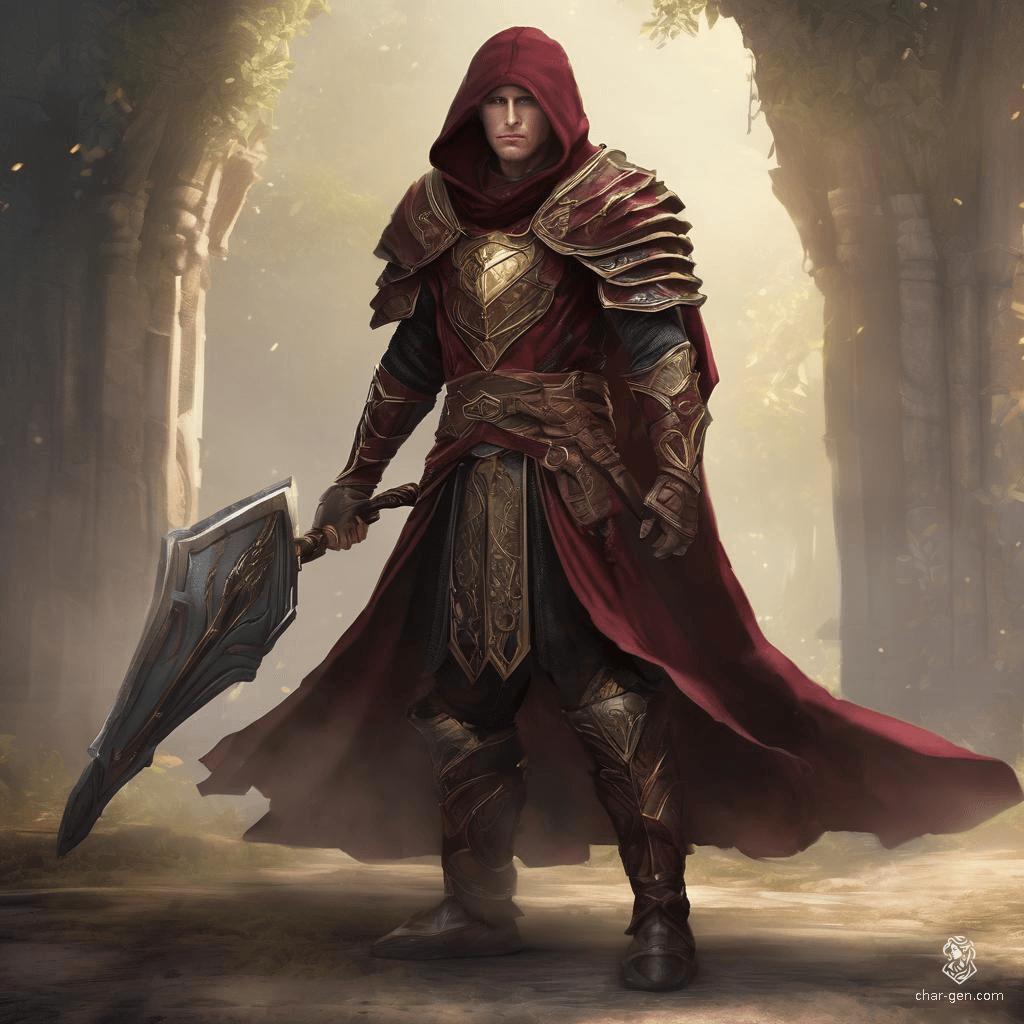 A stoic male elf donned in heavy armor exudes an aura of enigmatic strength, his presence accentuated by a deep burgundy hooded cloak with intricate gold detailing. The hood is drawn up, casting shadows over his keen, watchful eyes.