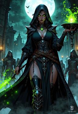 In a cursed battlefield shrouded in mist, a seductive yet sinister necromancer commands the shadows. With pale, glowing skin and piercing eyes, she embodies dark allure, draped in ornate robes. Clawing fingers crackle with necrotic energy, summoning skeletal minions amidst swirling fog and flickering candlelight, all while exuding an aura of enchanting danger.