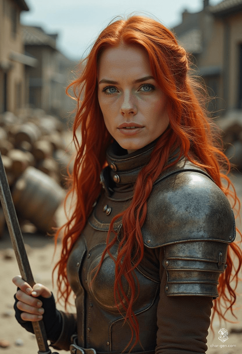 Sarah Jessica White, a charming and nimble Waterdhavian bard, wields a rapier with grace. Adorned in intricately detailed leather armor, her bold cherry-red hair and striking blue eyes captivate audiences. While she presents herself as a hero, hidden beneath her noble facade lies a scandalous secret and an insatiable desire for indulgence.