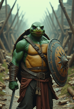 Snaps is a 5'10" charming tortle sorcerer and pirate, adorned in enchanted garments and arcane sigils. With his sturdy shell, vibrant green skin, and striking black eyes, he wields lightning's power and a formidable dagger. For Snaps, the sea embodies freedom, and courage is his unyielding creed.