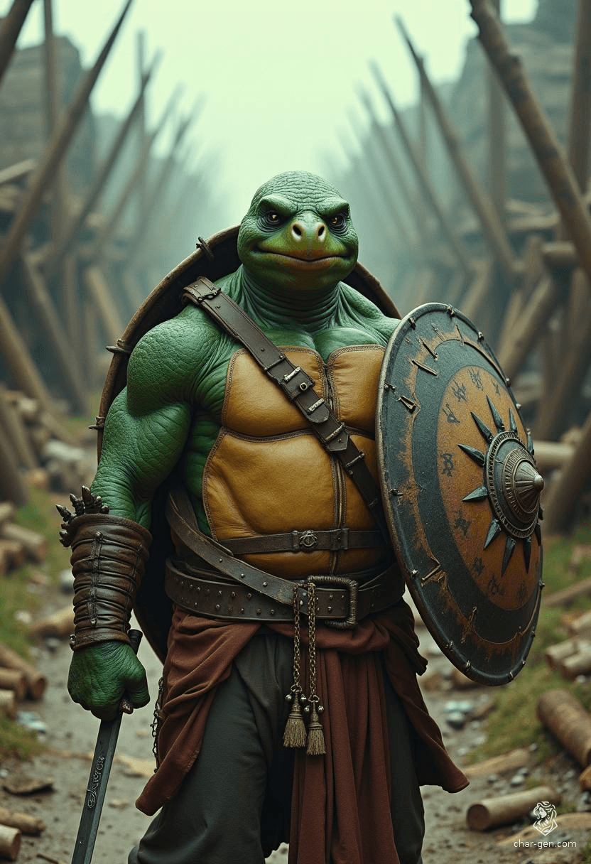 Snaps is a 5'10" charming tortle sorcerer and pirate, adorned in enchanted garments and arcane sigils. With his sturdy shell, vibrant green skin, and striking black eyes, he wields lightning's power and a formidable dagger. For Snaps, the sea embodies freedom, and courage is his unyielding creed.