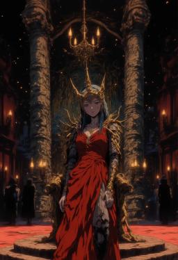 An elegant young Queen of the woods stands regally beside her throne of twisted branches, her bark-like skin glowing softly under volumetric light beams. Draped in a red spider silk gown adorned with orchid blossoms, her crown of branches and tree-trunk limbs embody her arboreal majesty.