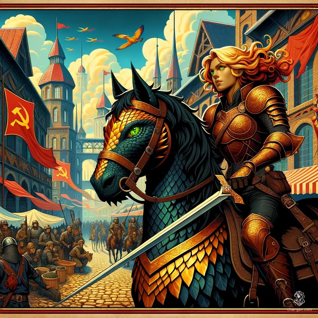 Shanyn, a 20-year-old fighter of noble lineage, stands tall at 6'2" with freckled gold-scaled skin and striking green eyes. Armed with an intricately detailed longsword, she rides a powerful black stallion clad in ornate barding. Beneath her strong exterior lies the secret of her true dragon heritage.