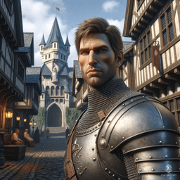 A vigilant, fair-skinned male Paladin of Camelot, with a dignified aura, guards the gates in chainmail. Although he appears normal, a demonic possession causes him to subtly exude a menacing darkness.