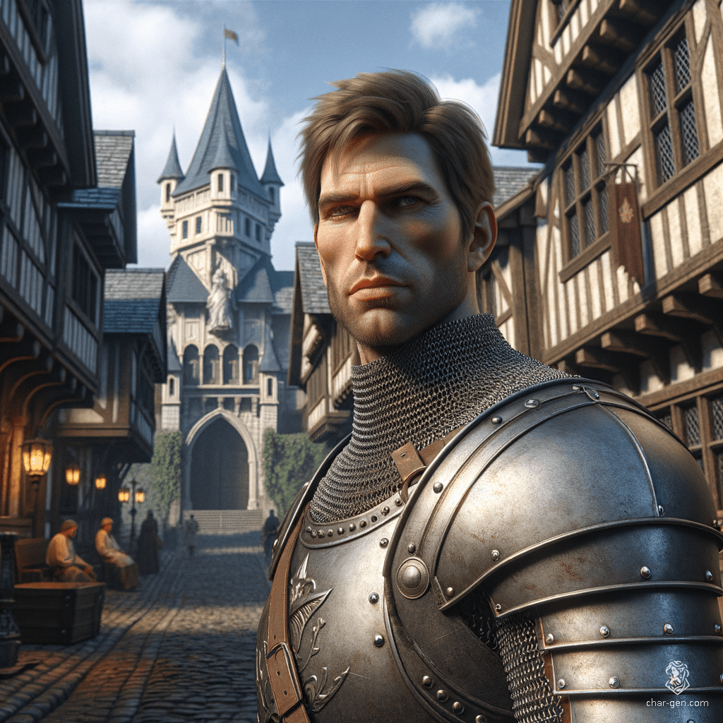 A vigilant, fair-skinned male Paladin of Camelot, with a dignified aura, guards the gates in chainmail. Although he appears normal, a demonic possession causes him to subtly exude a menacing darkness.