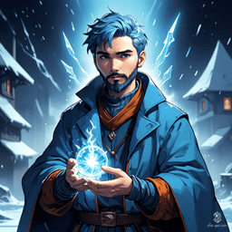A human sorcerer clad in intricate winter attire, he wields formidable ice magic. With striking blue hair and a neatly trimmed beard, his vibrant, retro-futuristic anime appearance is both enchanting and powerful, embodying the essence of a master of frost.