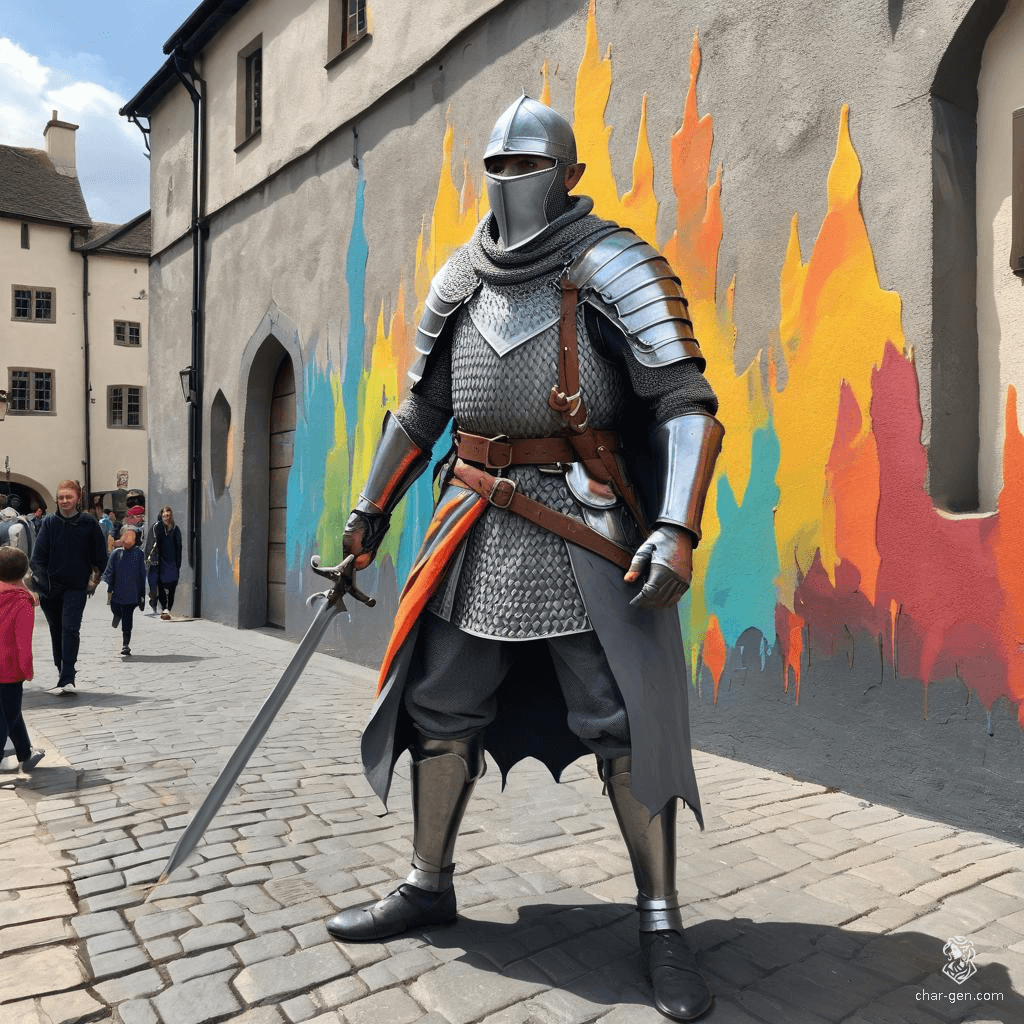 A vigilant, grey-skinned ranger with a pixie cut, wearing chainmail and ranger gear, tirelessly guards the city's gates and patrols its streets. Part of a group of disciplined soldiers in battered armor, all identifiable by their bright red armbands and chest ranks.