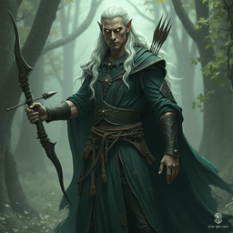 A male Drow sorcerer, cloaked in shadows, wields a deadly spell with piercing yellow eyes that glimmer with arcane power. As he casts Melf's Acid Arrow, a swirling bolt of corrosive energy bursts forth, ready to unleash chaos on his unsuspecting foes.
