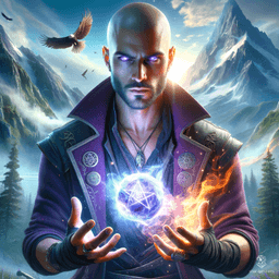 A 25-year-old male sorcerer with fair skin and a thin, faint beard, he levitates encased in an arcane aura. Shaved head contrasts with glowing amethyst eyes. He wears a purple jacket over a black undershirt and dark pants. Master of ice and fire magic, he commands power with enchanted garments and arcane sigils.
