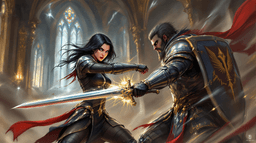 In a shadowy chamber of a royal castle, a stunning young female assassin, cloaked in intricately designed black leather armor, expertly evades a guard’s deadly strike. With her short-sword poised, she lunges towards him, showcasing her agility and deadly skill amid the chaos of combat.