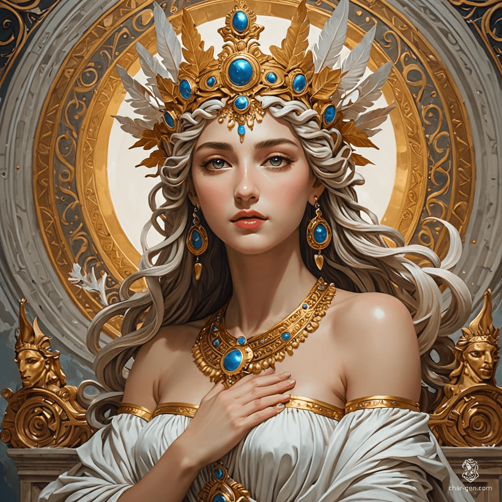 Elysia, the Greek goddess of dreams, weaves ethereal visions in her starry realm. With flowing robes of twilight hues and hair adorned with shimmering constellations, she inspires artists and dreamers alike. Her portraits, brimming with enchantment, capture the essence of hope and imagination in a fantastical world.