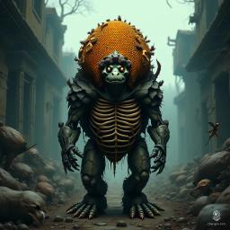 Meet the Undead Druid Tortle, a skeletal entity with a sturdy, hive-covered shell teeming with honeycomb. This anthropomorphic turtle commands nature and its creatures, aided by swarms of bees and the whispers of the forgotten, embodying both decay and rebirth in a realm of earthy magic.