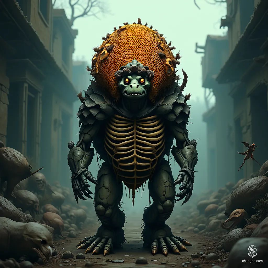 Meet the Undead Druid Tortle, a skeletal entity with a sturdy, hive-covered shell teeming with honeycomb. This anthropomorphic turtle commands nature and its creatures, aided by swarms of bees and the whispers of the forgotten, embodying both decay and rebirth in a realm of earthy magic.