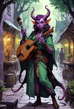 Lyrica Chantenuit is a nimble tiefling bard with striking purple skin and rich plum hair. At 25, she captivates audiences with her enchanting lute melodies, her green eyes shimmering with mischief. With devilish horns and a long tail, she blends charm and artistry in every expressive gesture.