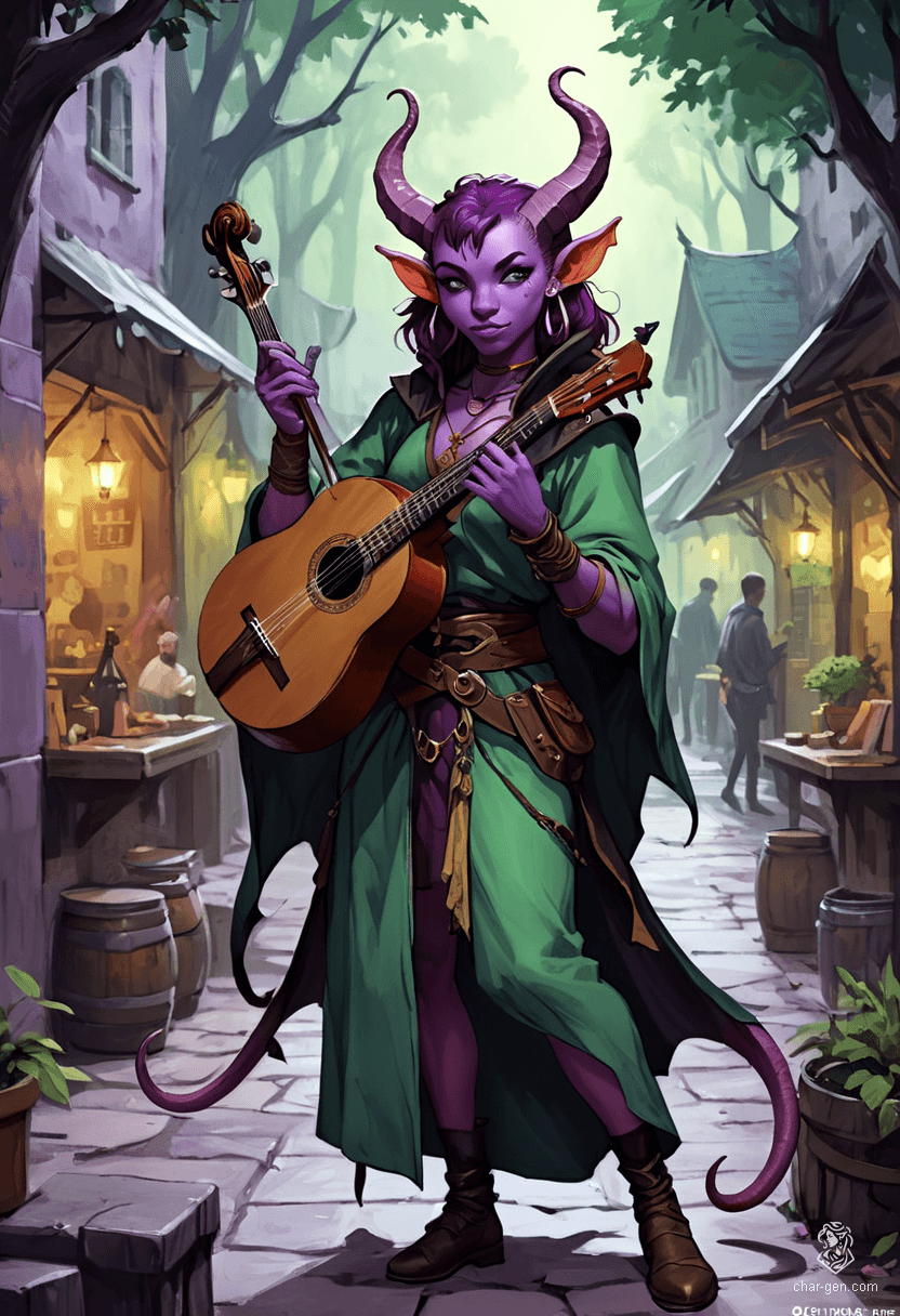 Lyrica Chantenuit is a nimble tiefling bard with striking purple skin and rich plum hair. At 25, she captivates audiences with her enchanting lute melodies, her green eyes shimmering with mischief. With devilish horns and a long tail, she blends charm and artistry in every expressive gesture.