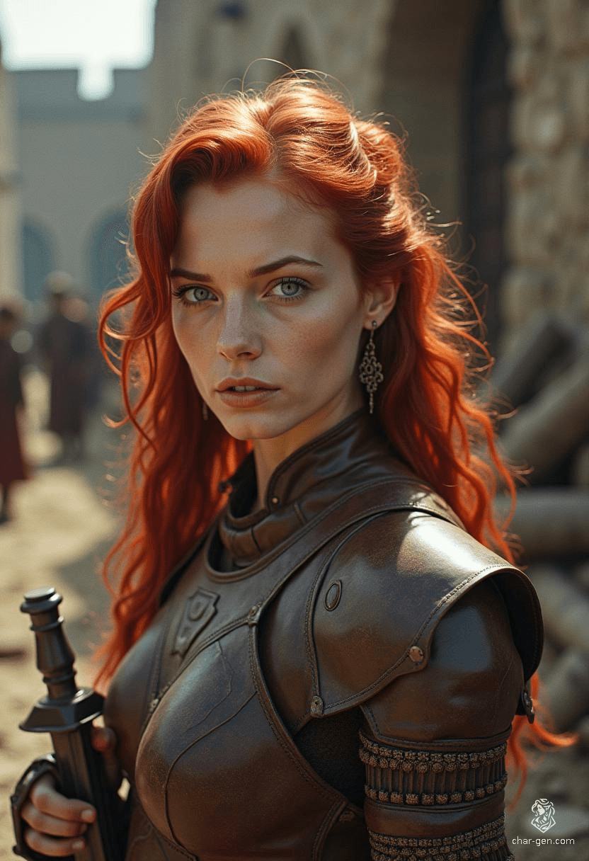 Sarah Jessica White, a charming and nimble Waterdhavian bard, wields a rapier with grace. Adorned in intricately detailed leather armor, her bold cherry-red hair and striking blue eyes captivate audiences. While she presents herself as a hero, hidden beneath her noble facade lies a scandalous secret and an insatiable desire for indulgence.