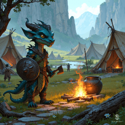 Tax is a charming, tiny paladin with dark teal skin and a noble aura. At 2'4", this dragon-like, bony-framed kobold wields a battleaxe and a detailed shield, embodying strength despite his limited intelligence. A far traveler, he navigates a wondrous world while evoking his homeland’s gods for guidance.
