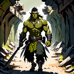 Arturo Gatti is a rugged half-orc barbarian with olive green skin and fading gold eyes, wielding a pike with strength. At 55, he embodies resilience but struggles with intelligence and city vices. Driven by a quest for retribution, he seeks justice for the downtrodden and to reunite with loved ones.