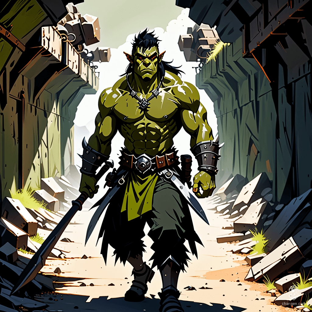 Arturo Gatti is a rugged half-orc barbarian with olive green skin and fading gold eyes, wielding a pike with strength. At 55, he embodies resilience but struggles with intelligence and city vices. Driven by a quest for retribution, he seeks justice for the downtrodden and to reunite with loved ones.