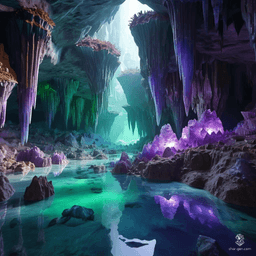 In a mesmerizing cavern awash with vibrant hues of purple, green, and blue, towering stalagmites and stalactites glitter with embedded amethyst diodes. Pools of crystal-clear water reflect the sparkling gemstones, creating an ethereal, otherworldly spectacle.