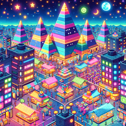 Welcome to the vibrant streets of Lumina, a psychedelic city where towering three-sided pyramid skyscrapers pulse with radiant colors under the night sky. Amidst joyous festivities, hidden alleys beckon with secret stalls, while traps lie in wait for the unalert, crafting an exhilarating blend of wonder and danger. Be wary, for whispers of fortune and peril intertwine in this surreal splendor.