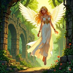 In a breathtaking scene, an angelic female figure gracefully descends over ancient jungle ruins during golden hour. With radiant, feathered wings glowing in soft white and gold, she exudes tranquility. Clad in a flowing white gown, she carries an orb of light, illuminating the overgrown stones and nurturing a sense of hope and wonder.