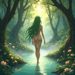 Seraphina, an ethereal dryad, embodies the essence of nature, her flowing green hair cascading like leaves. Bathed in golden light, she stands gracefully by a sacred spring, her bark-like skin adorned with vine patterns. Surrounded by ancient trees and bioluminescent flowers, she radiates serene, mystical beauty.