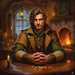 Korin Mayfaire is a 30-year-old human rogue and sorcerer, standing at 5'10" with tan skin and curly brown hair. Clad in intricately detailed brown and green leather armor, he possesses piercing hazelnut eyes and wields a rapier with deft precision. Nimble and intelligent, he navigates both dark alleys and arcane secrets, driven by a commitment to protect his community from malevolent forces.