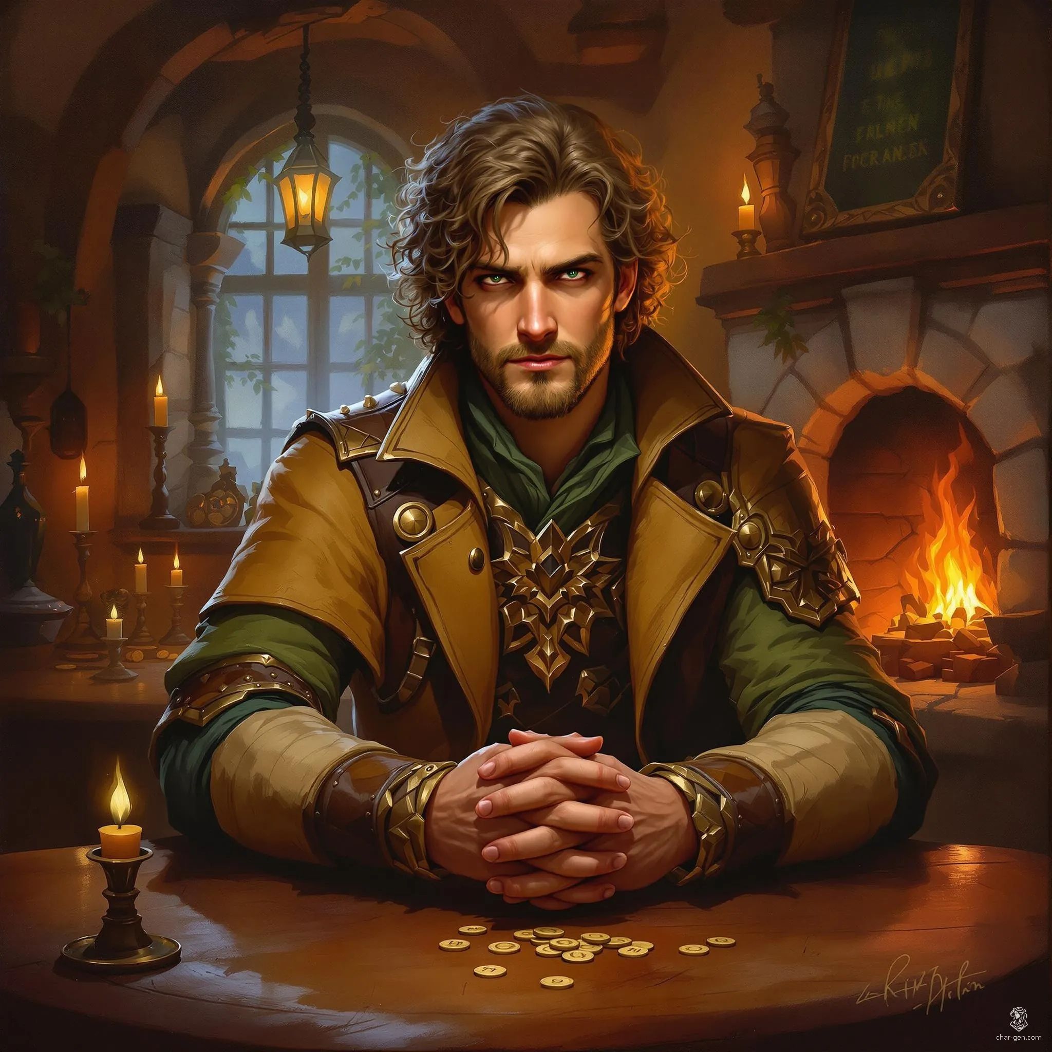 Korin Mayfaire is a 30-year-old human rogue and sorcerer, standing at 5'10" with tan skin and curly brown hair. Clad in intricately detailed brown and green leather armor, he possesses piercing hazelnut eyes and wields a rapier with deft precision. Nimble and intelligent, he navigates both dark alleys and arcane secrets, driven by a commitment to protect his community from malevolent forces.