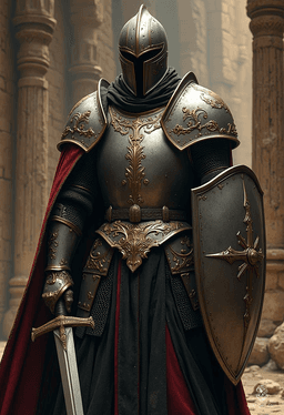 In an ancient Arabic city, a young eldritch knight serves as the city guard, clad in ornate full plate armor that glimmers under the sun. Wielding a longsword and shield, he channels arcane energy, blending magic with martial prowess to protect his homeland from supernatural threats.