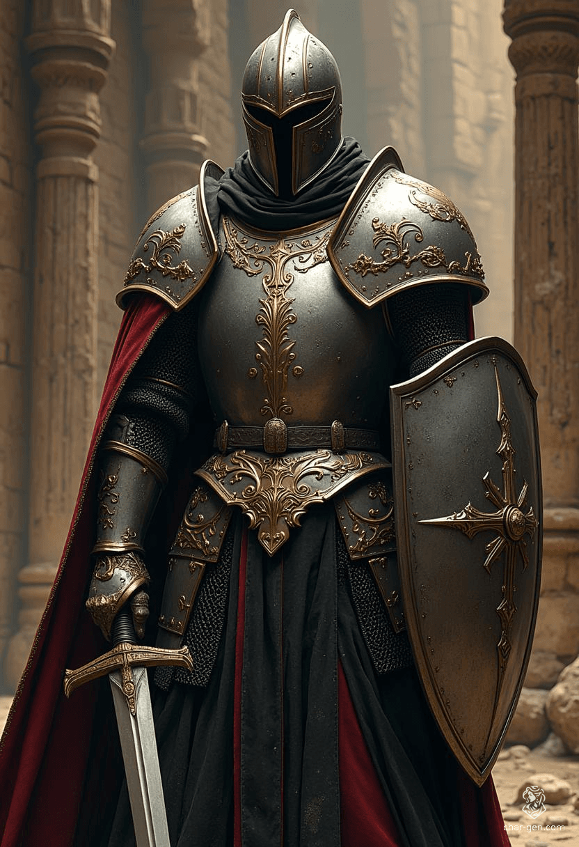 In an ancient Arabic city, a young eldritch knight serves as the city guard, clad in ornate full plate armor that glimmers under the sun. Wielding a longsword and shield, he channels arcane energy, blending magic with martial prowess to protect his homeland from supernatural threats.