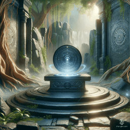 In a mist-shrouded glade, ancient stones rise like sentinels, crowned by a shimmering black metal disc. Ethereal light dances across the surface, illuminating the vibrant flora that flourishes in this enchanted sanctuary, where whispers of forgotten magic linger in the air.