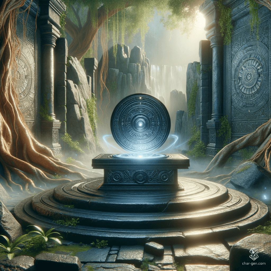 In a mist-shrouded glade, ancient stones rise like sentinels, crowned by a shimmering black metal disc. Ethereal light dances across the surface, illuminating the vibrant flora that flourishes in this enchanted sanctuary, where whispers of forgotten magic linger in the air.