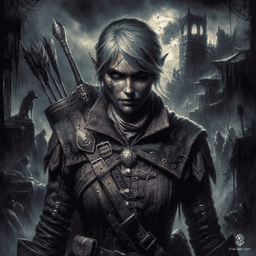 Elyria, a female elf witch-hunter, dons rugged deep purple clothing entwined with holy symbols. Armed with silver weapons, she relentlessly pursues dark magic users, blending agility and intelligence in her pursuit of justice.