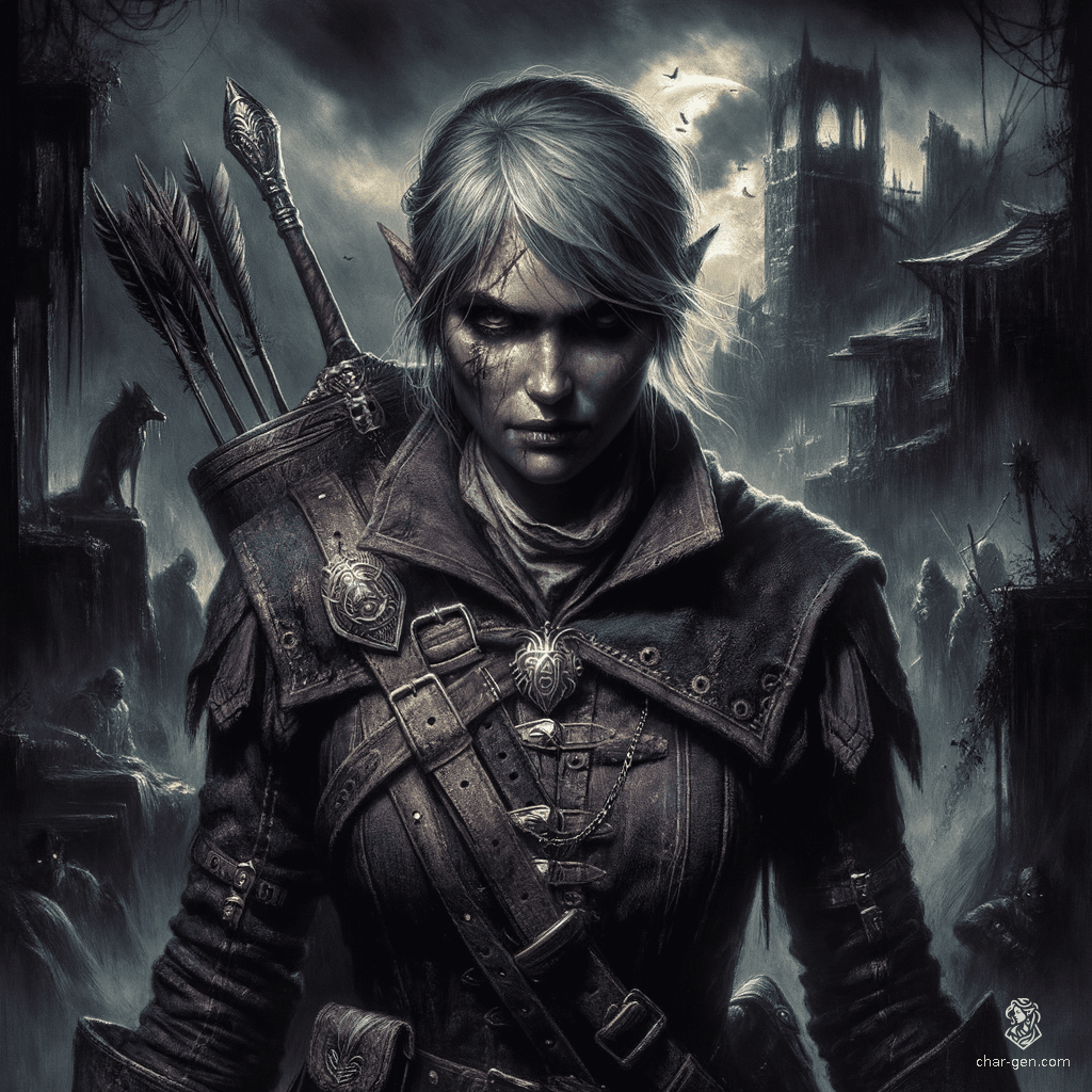 Elyria, a female elf witch-hunter, dons rugged deep purple clothing entwined with holy symbols. Armed with silver weapons, she relentlessly pursues dark magic users, blending agility and intelligence in her pursuit of justice.