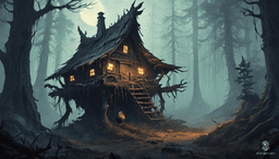In a foreboding dark forest shrouded in dense fog, a twisted wooden hut stands on long, spindly chicken legs with gnarled joints. The warped walls are covered in glowing runes. Twisted trees and bioluminescent mushrooms contribute to the eerie atmosphere.