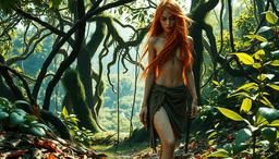 In a lush, hyperrealistic jungle, vivid greens intertwine with dappled sunlight. A young woman with flowing copper hair, clad in a simple loincloth, strides gracefully through the verdant foliage. The high-resolution scene captures every leaf and shadow with breathtaking detail.