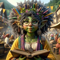Meet Liora, a young gnome cleric with olive skin and frizzy hair adorned with pencils. Her oversized glasses magnify her keen eyes as she strolls through the town festival, her nose buried in a book, exuding a serene wisdom and a prominent holy symbol that represents her dedication to knowledge and faith.